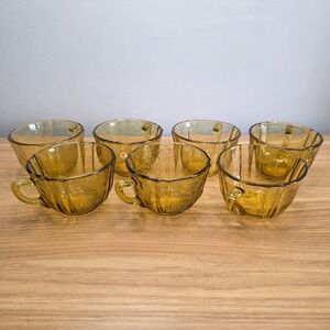 Vintage 1930s Federal Depression Glass Madrid Amber Teacup Set of 7